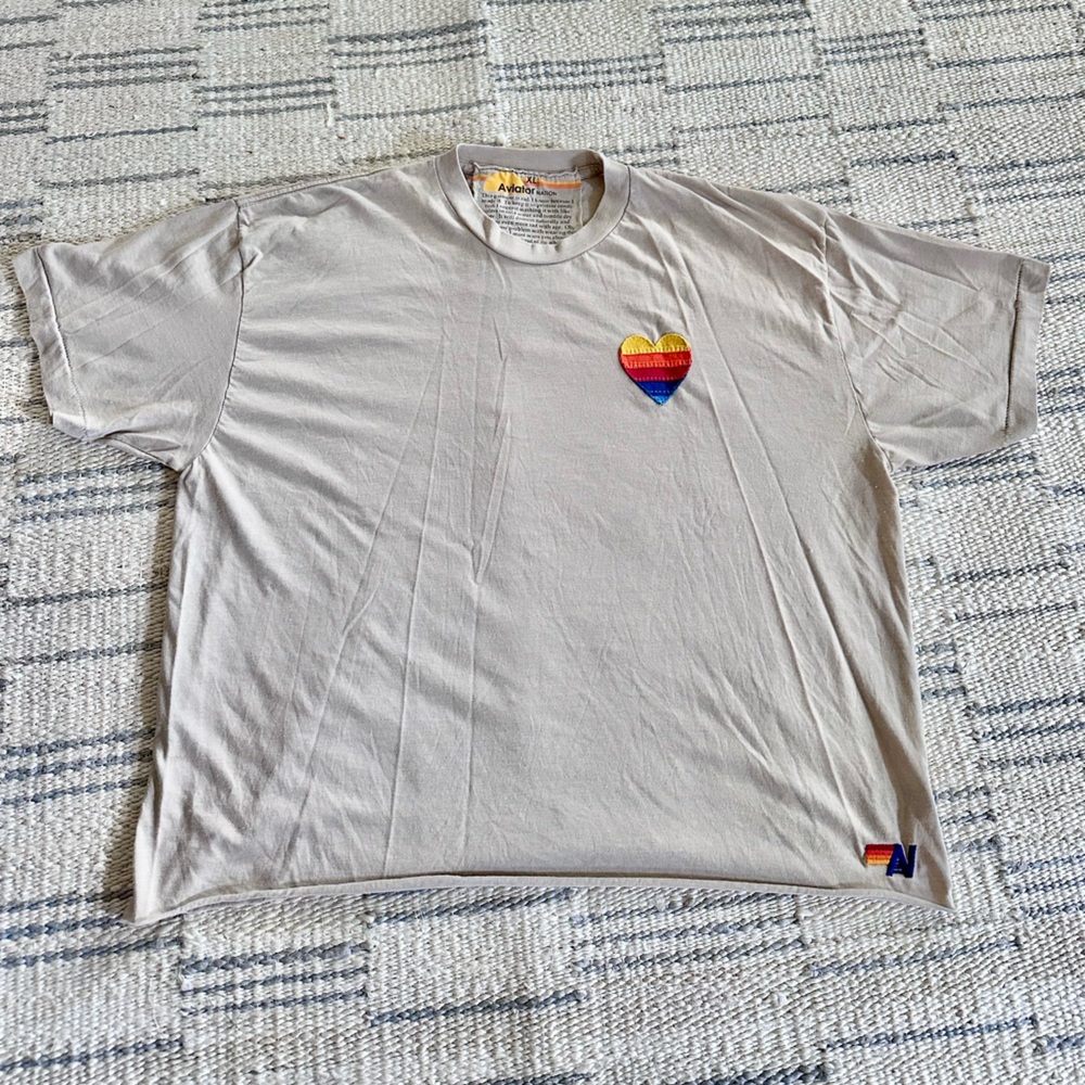 Aviator Nation, Size XL, Beige T-Shirt with Rainbow Heart Patch
